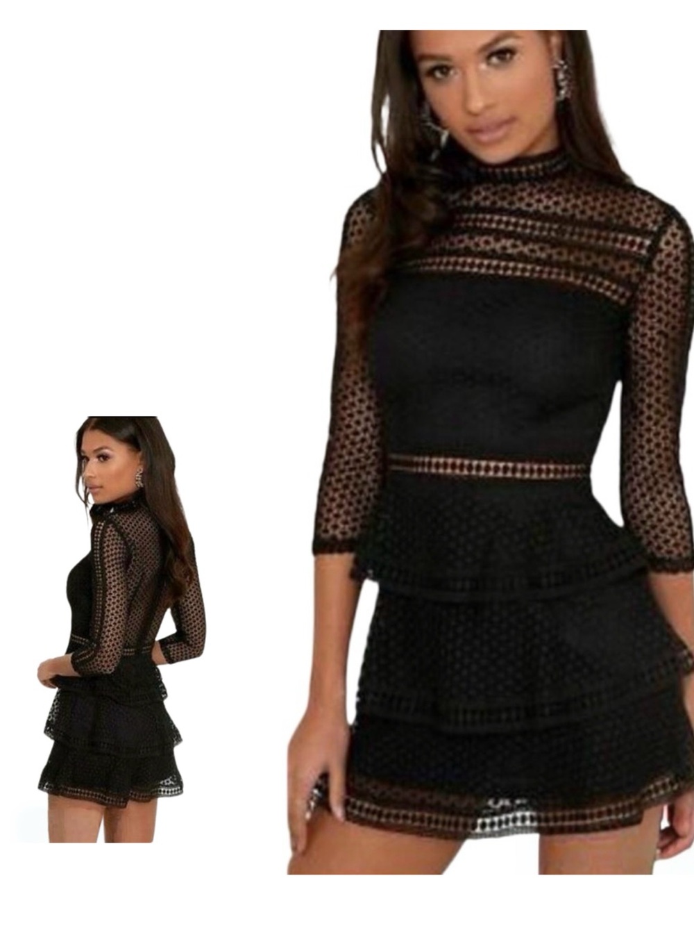 PrettyLittleThing Caya Black Premium Lace Panel Tiered Mini Dress Size 6